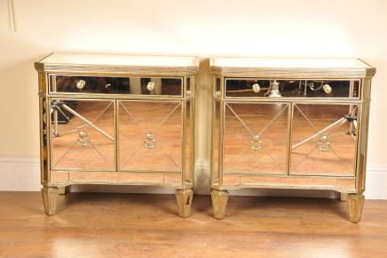 Pair Mirrored Night Stands Bedside Cabinets Deco