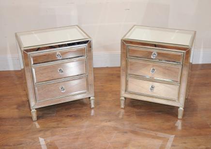 Pair Mirrored Nightstands Bedside Chests Tables