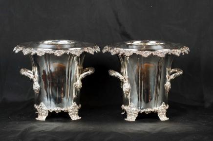 Pair Silver Plate George II Wine Coolers Champagne Buckets Urns