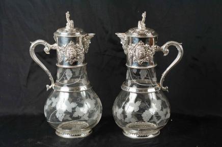 Pair Victorian Silver Plate Jugs Cut Glass Ewer Vase 