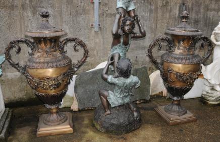 Pair XL Italian Bronze Architectural Amphora Urns Vases Garden Art Antique