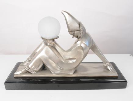 Bronze Art Deco Clown Statue Lamp By Bourraine Harlequin Figurine Light