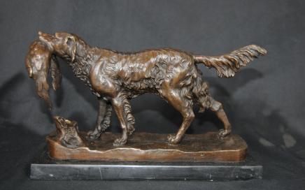 Bronze Dog Pheasant Hunt Statue Signed Moigniez