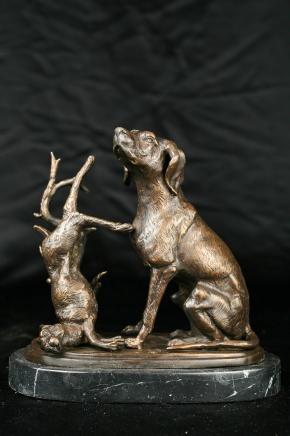 Engish Bronze Casting Hunt Dog Rabbit Hare Statue