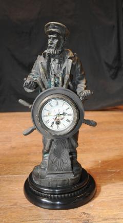 English Bronze Statue Sea Captain Helmsman Figure Ship Helm Clock