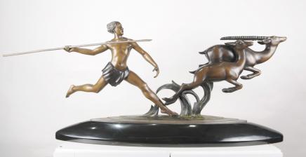 French Bronze Art Deco Hunter Statue Gazelle Figurine by Alex Kelety