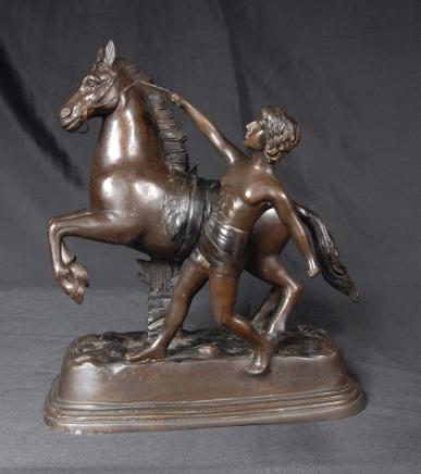 French Bronze Horse & Boy Statue Signed J Daste