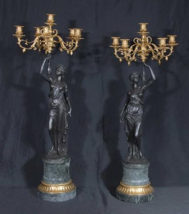 Pair 3 ft French Bronze Figurine Candelabras Clodion