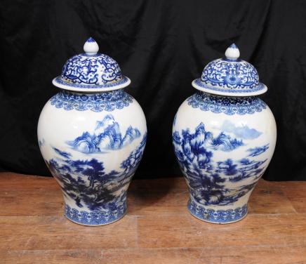 Pair Blue White Chinese Pottery Ginger Jar Urns Vases Nanking