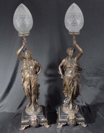 Pair Bronze Lights Signed Gregoire Statue Liberty Torcheres Lamp