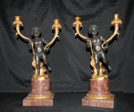 Pair Cherub Bronze Candelabras Candles French Clodion