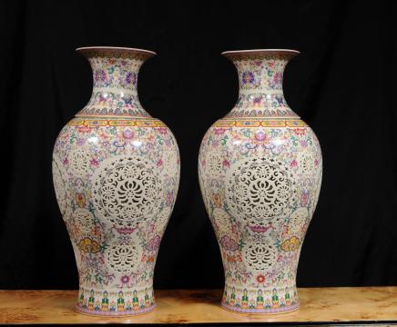 Pair Chinese Famille Rose Reticulated Porcelain Vases Urns