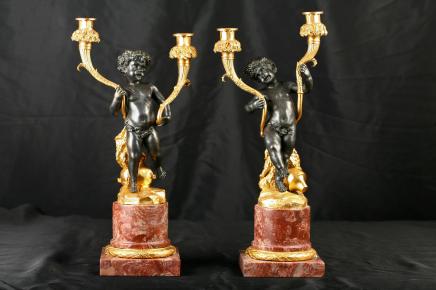Pair French Bronze Cherub Candelabras Candle Sticks