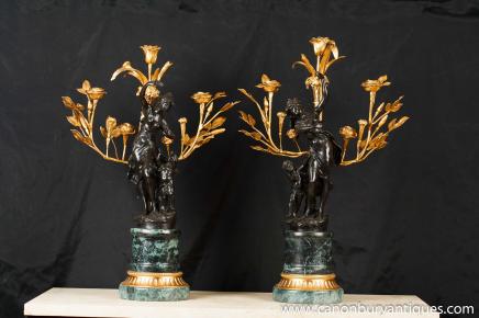 Pair French Bronze Cherub Candelabras Signed Moreau