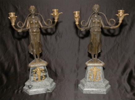 Pair French Empire Bronze Marble Candelabras Figurative Pair French Empire Bronze Marble Candelabras Figurative