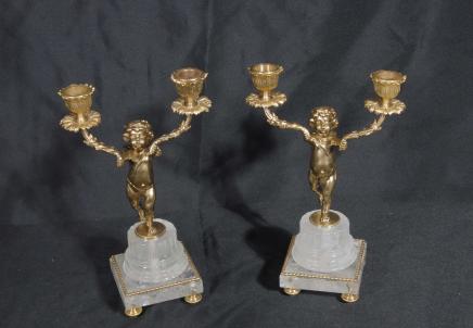 Pair French Empire Cherub Rock Crystal Candelabras