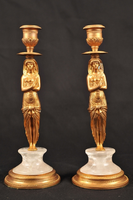 Pair French Empire Rock Crystal Pharo Candelabras