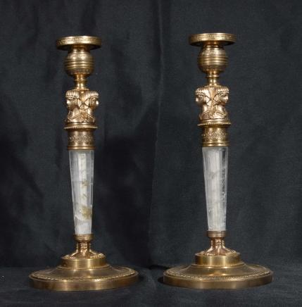 Pair French Empire Rock Crystal Pharo Candlesticks Candle