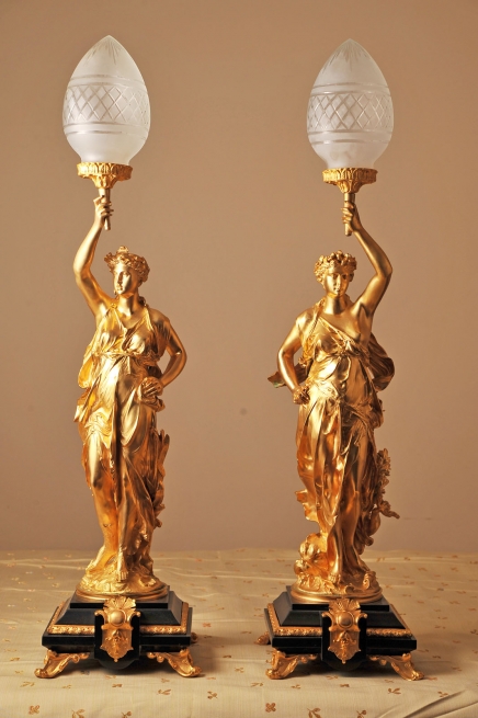Pair French Ormolu Gregoire Classic Figurine Lamps Lights Torcheres Pair French Ormolu Gregoire Classic Figurine Lamps Lights Torcheres