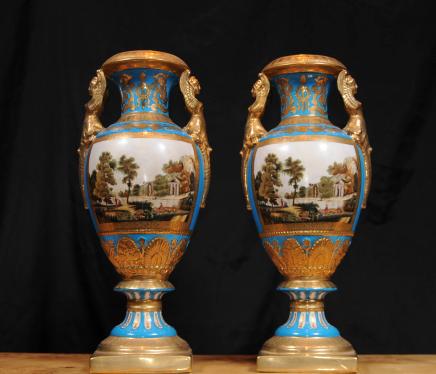 Pair French Sevres Vases Urns Floral Hand Painted Porcelain Ceramics