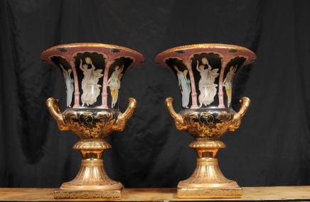 Pair German Dresden Porcelain Campana Urns Vases Toga Roman 