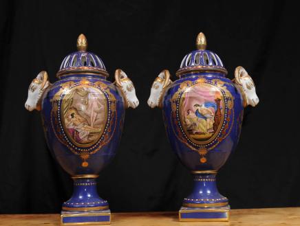 Pair German Meissen Dresden Porcelain Pot Pourri Urns Vases