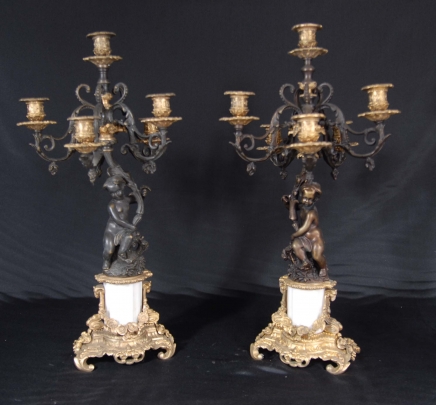 PAIR ITALIAN BRONZE CHERUB CANDELABRAS CANDLE STICKS PUTTI