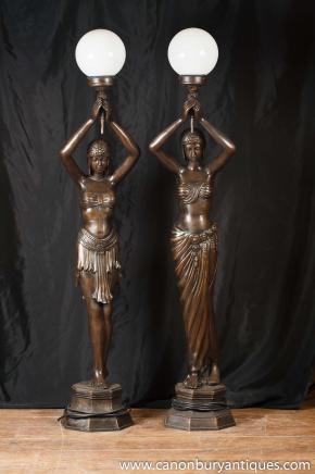 Pair Large French Bronze Figurine Lamps Lights Statue Torcheres Architectural 