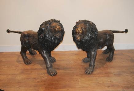 Pair Lifesize Bronze Lions Cats Tigers Landseer