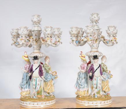 Pair Meissen Porcelain Figurine Candelabras German Dresden Candles