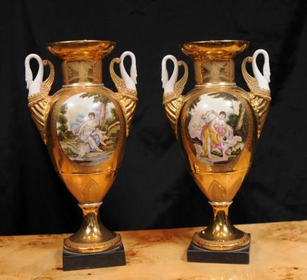 Pair Sevres French Bisque Porcelain Swan Hand Painted Vases Urns