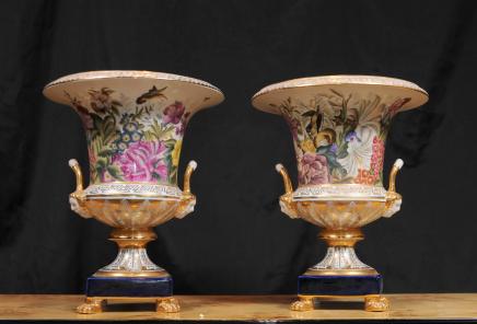 Pair Sevres Porcelain Floral Campana Urns Vases