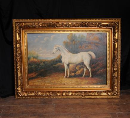 Aceite victoriano paisaje del caballo pintura blanca Gilt Frame Stallion Caballos