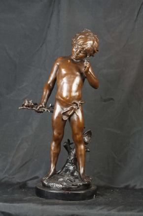 Français Bronze Boy oiseaux Statue Figurine Moreau Castings Cherub