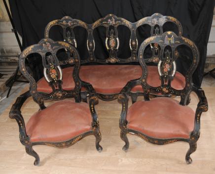 Französisch Anitque Black Lacquer Sofa Chair Set Inlay Chinoiserie Französisch Anitque Black Lacquer Sofa Chair Set Inlay Chinoiserie