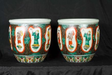 Pair Chinese Famille Verte Porcelain Planters Bowls China Pottery