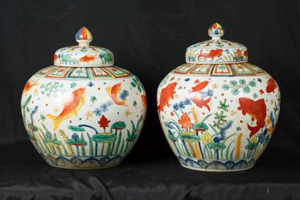 Pair Chinese Qing Porcelain Jars Bowls Vase Urns Pottery China