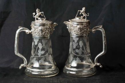 Pair George II Silver Plate Jug Tankard Glass Ewers 