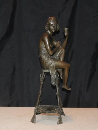 Art Deco Bronze Stool Girl Flapper Signed JE Mic French