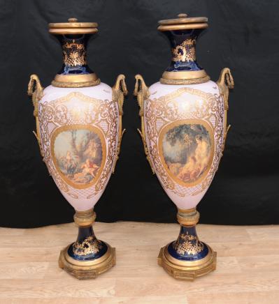 Pair 4ft French Sevres Porcelain Ormolu Vases Amphora Urns
