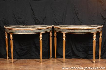 Pair Antique Sheraton Painted Demi Lune Console Tables