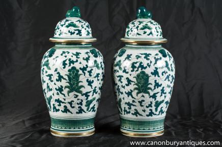 Pair Chinese Celadon Porcelain Floral Vases Urns Ginger Jars Pair Chinese Celadon Porcelain Floral Vases Urns Ginger Jars
