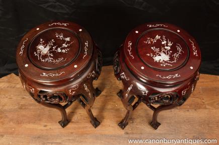 Pair Chinese Chippendale Side Pedestal Table Stands Mother Pearl Inlay