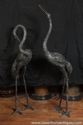 Pair Large Japanese Bronze Cranes Crane Bird Garden Statue