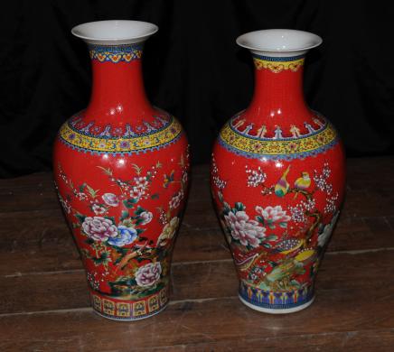 Pair Red Chinese Porcelain Vases Urns Famile Rose