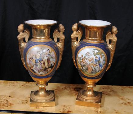 Pair Sevres Vases French Porcelain Urns Maiden Handles