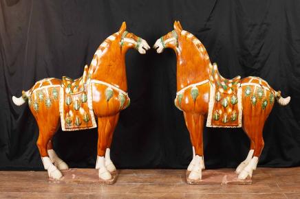 Pair XL Chinese Tang Porcelain Horses Pony Ponies Pottery Ceramic