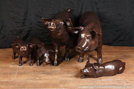 Set Six Lifesize Bronze Pig Family Piglet Pigs Animals Sow