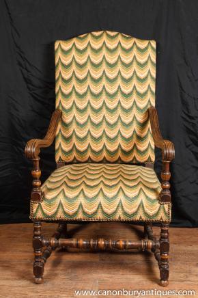 Antique Französisch Nussbaum Arm Chair Fauteil Stühle 1920 Woven Fabric