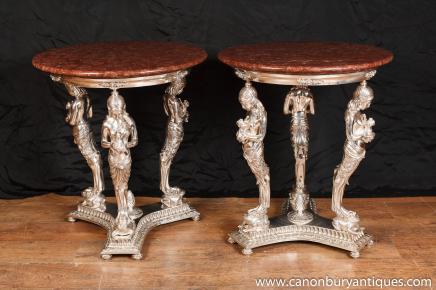 Paar Französisch Empire Silver Plate Beistelltische Marble Top